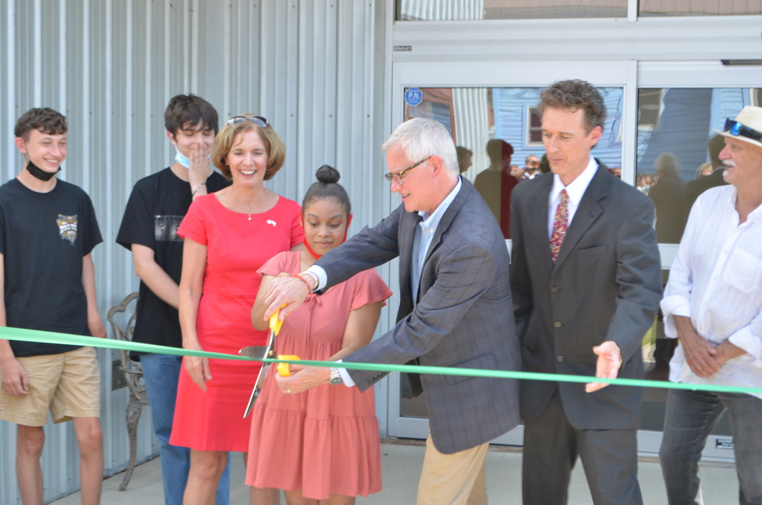 TCFD President and Dr. Theresa Hamlin, left, SUNY Sullivan President Jay Quaintance, CCHS Director Jack Comstock and TCFD CEO Patrick H. Dolland help cut the ribbon on the new Collaborative College High School.